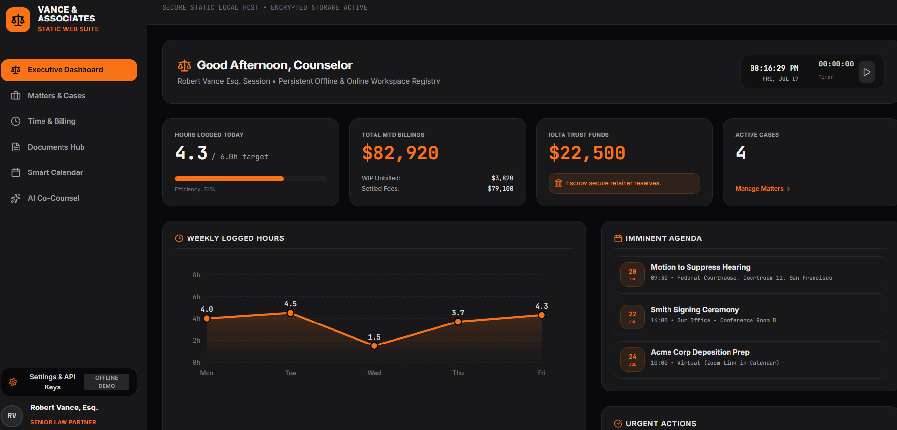 Legal Practice Suite — executive dashboard for a law firm
